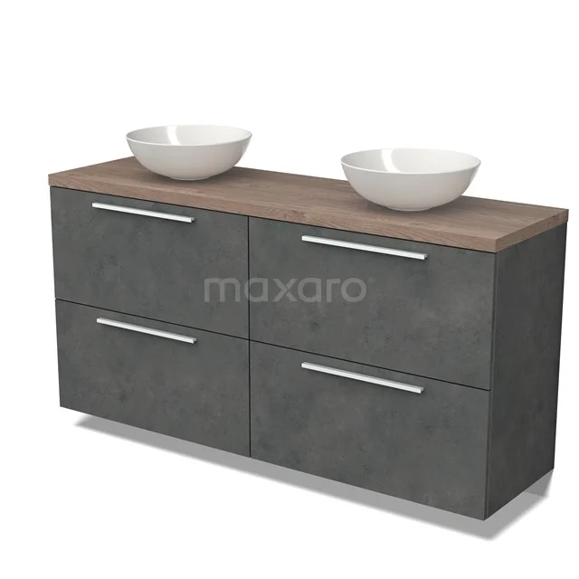 Graue Badmöbelset mit Betoneffekt, Holzplatte und zwei weißen Aufsatzwaschbecken, modernes Design.