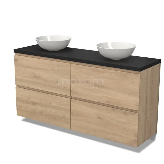 Holz Badezimmermöbel mit schwarzer Platte und Doppelwaschbecken, modernes Design und Soft-Close Schubladen für stilvolle Badezimmerlagerung.