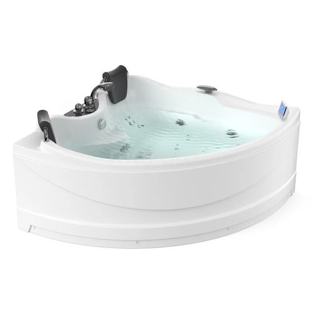 Eckbadewanne mit Hydromassage, weißes Acryl, luxuriöses Design, ideal zur Entspannung im Badezimmer.