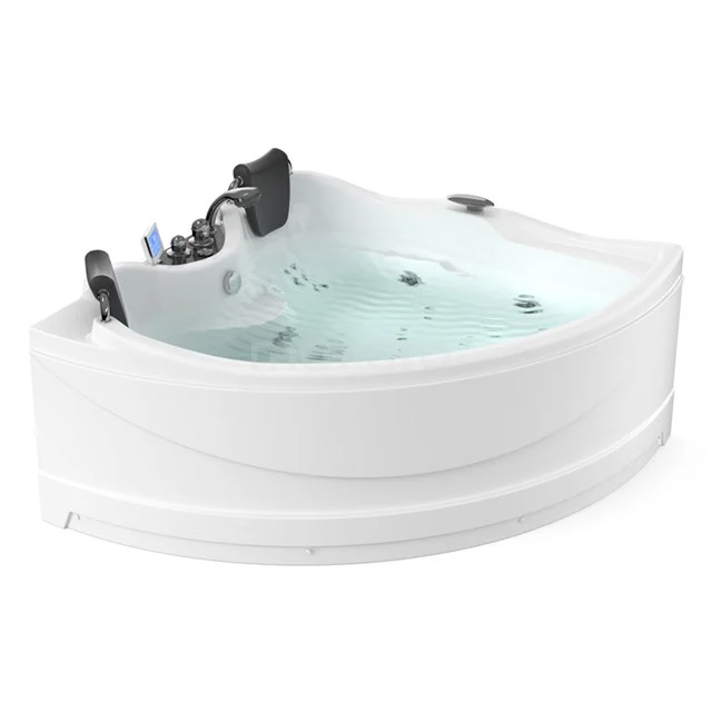 Eckbadewanne mit Hydromassage, weißes Acryl, luxuriöses Design, ideal zur Entspannung im Badezimmer.