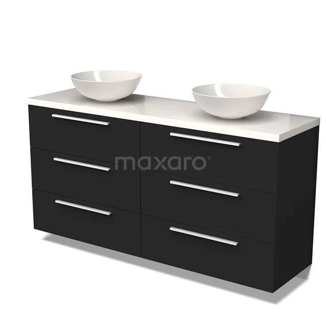 Badmöbel für Aufsatzwaschbecken 160cm Modulo Plato Matt Schwarz 3 Schubladen Flach Hochglanz Weiß Platte BMK20-00002 Schwarze Badmöbelset mit Doppelwaschbecken, modernes Design, glänzende Oberfläche und elegante chromfarbene Haltegriffe.