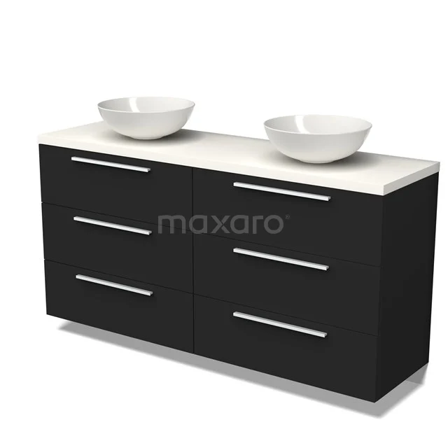 Badmöbel für Waschtischunterschrank mit Konsole 160cm Modulo Plato Matt Schwarz 3 Schubladen Flach Matt Weiß Platte BMK20-00003 Schwarz Badmöbel mit doppeltem Waschbecken, Soft-Close Schubladen und einem modernen Design für ein stilvolles Badezimmer.