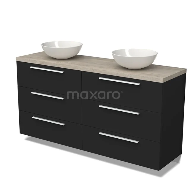 Schwarze Badmöbelset mit Doppelwaschbecken, Holzplatte und modernen Metallhaltegriffen für ein stilvolles Badezimmer.