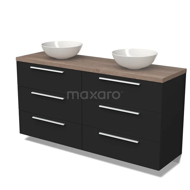 Schwarze Badmöbelset mit Holzplatte, Doppel-Waschbecken-Design und modernen silberfarbenen Haltegriffen.