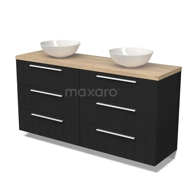 Black bathroom furniture set with oak worktop and double white countertop wash basin, modern design with spacious storage drawers.