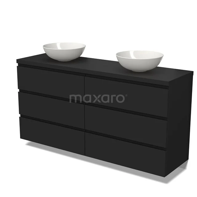 Schwarzer Badschrank mit sechs Schubladen, doppelten Aufsatzwaschbecken aus Keramik, modernes Design für ein stilvolles Badezimmer.