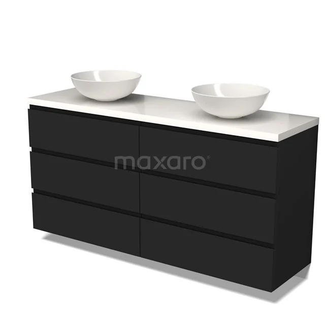 Badmöbel für Aufsatzwaschbecken 160cm Modulo Plato Matt Schwarz 3 Schubladen Grifflos Hochglanz Weiß Platte BMK20-00016 Schwarz Doppelwaschbeckenmöbel mit klarem Design, weißen keramischen Aufsatzwaschbecken und sechs Schubladen, perfekt für moderne Bäder.