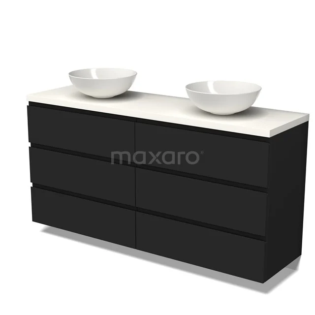 Schwarze Badmöbelset mit Doppelwaschbecken, schlankes Design, Matt Schwarz mit weißen Keramikkommen, modern und stilvoll.