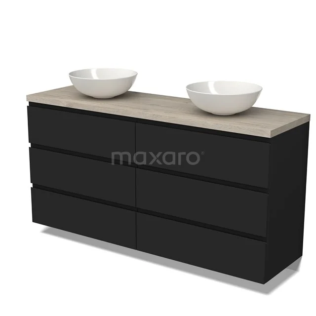 Modulo Plato Vanity units for countertop basin | 160 cm Matte black Handle-less front Light grey oak worktop 6 drawers BMK20-00018