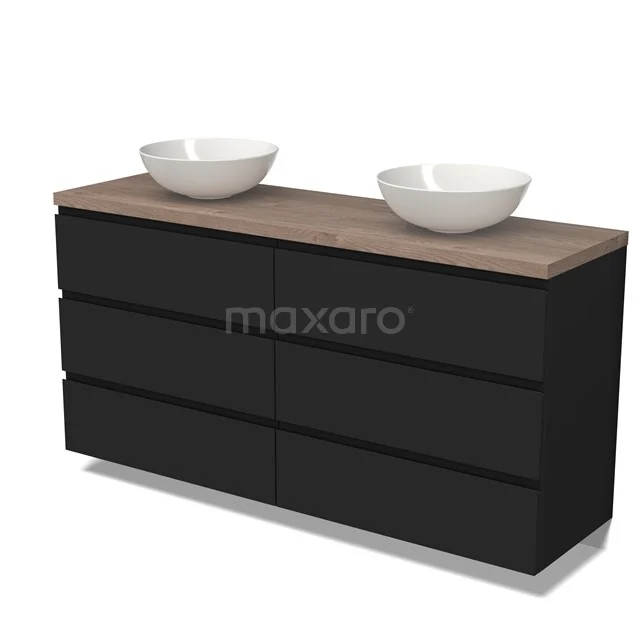 Modulo Plato Vanity units for countertop basin | 160 cm Matte black Handle-less front Mid brown oak worktop 6 drawers BMK20-00020