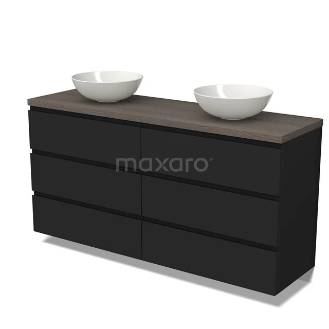 Modulo Plato Badkamermeubel voor waskom | 160 cm Mat zwart Greeploos front Donkerbruin eiken blad 6 lades BMK20-00021