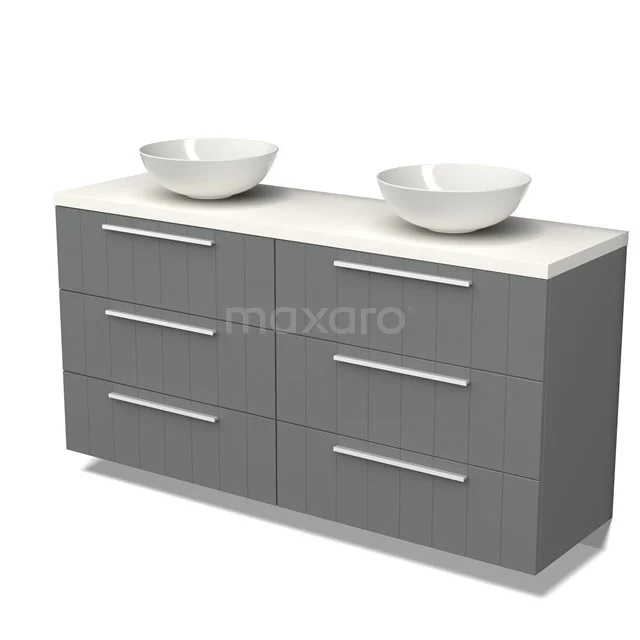 Graue Badmöbelset mit doppelten Aufsatzwaschbecken, sechs Schubladen und weißer Platte, modernes Design.