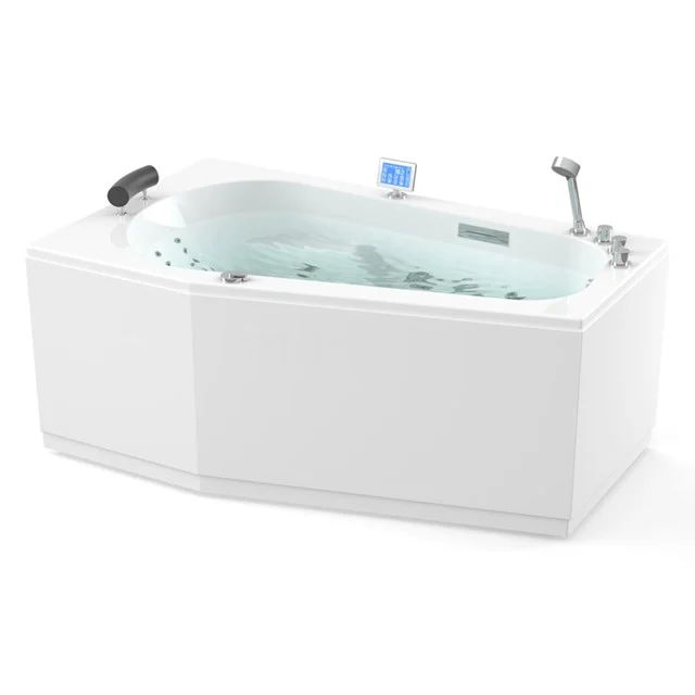 Corner bath with hydromassage, white acrylic, ergonomic design, integrated armrests, ideal for ultimate comfort in the bathroom.