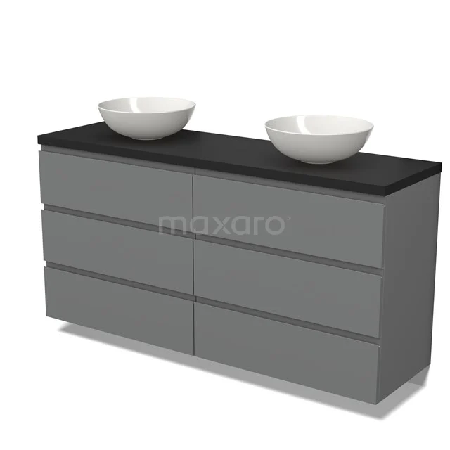 Modulo Plato Badmöbel mit Aufsatzwaschbecken | 160 cm Mittelgrau Grifflos front Matt Schwarz blatt 6 Schubladen BMK20-00036 Grauer Badschrank mit sechs Schubladen, schwarzer Platte und zwei keramischen Aufsatzwaschbecken, modernes Design.