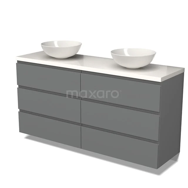 Grey bathroom cabinet with double drawers, white worktop and two round countertop wash basins, perfect for modern bathroom spaces.