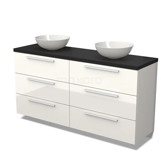 Weißes Badmöbel mit doppelten Aufsatzwaschbecken, schwarzer Platte und sechs Schubladen, ideal für einen modernen Badezimmerstil.