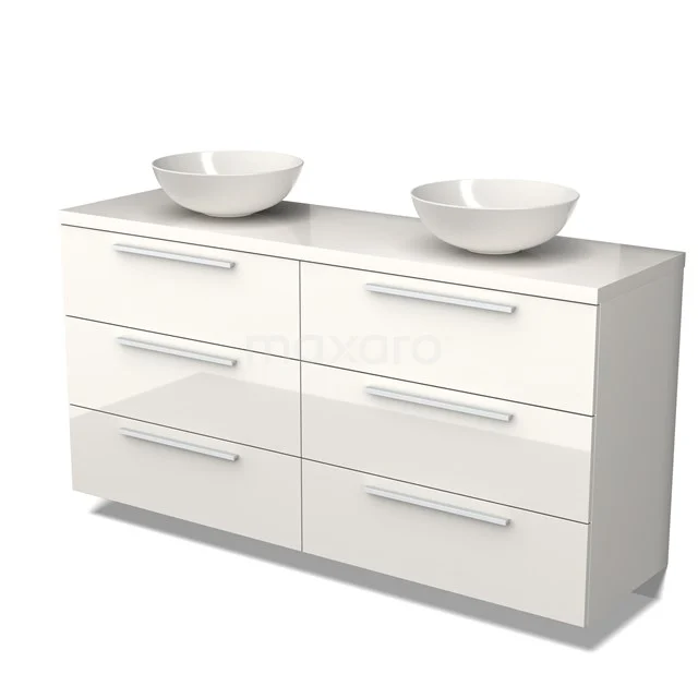 Weiße Badmöbelset mit sechs Schubladen und doppelten Aufsatzwaschbecken, schlanke glänzende Oberfläche, ideal für moderne Bäder.