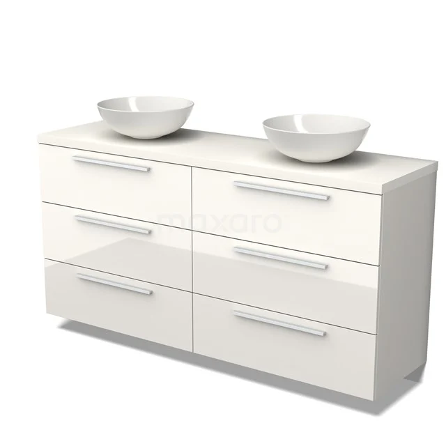 Badmöbel für Waschtischunterschrank mit Konsole 160cm Modulo Plato Hochglanz Weiß 3 Schubladen Flach Matt Weiß Platte BMK20-00045 Weißer Badschrank mit sechs Schubladen, doppelten Aufsatzwaschbecken und schickem Design, ideal für moderne Badezimmerlagerung.