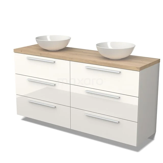 Modulo Plato Badmöbel mit Aufsatzwaschbecken | 160 cm Hochglanz Weiß Flach front Hellbraune Eiche blatt 6 Schubladen BMK20-00047 Weißes Badmöbel mit sechs Schubladen, Holzplatte und zwei runden Waschbecken, modernes Design, ideal für geräumige Bäder.