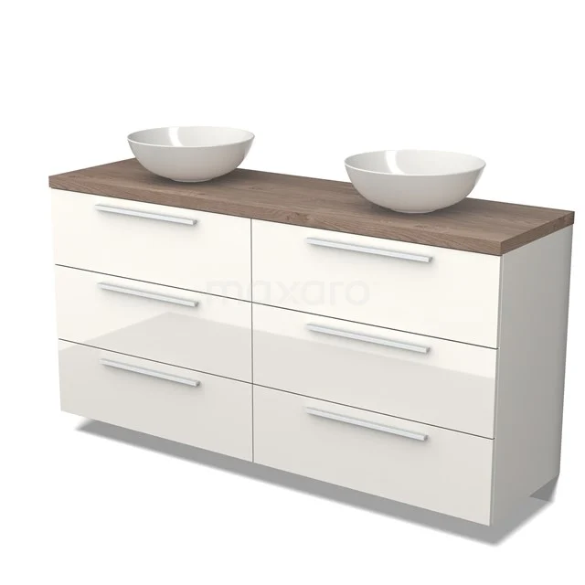 Modulo Plato Vanity units for countertop basin | 160 cm High-gloss white Flat front Mid brown oak worktop 6 drawers BMK20-00048