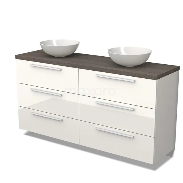 Weiße Badschrank mit Doppelwaschbecken, Holzoptik Platte, 6 Schubladen und modernen Metall Haltegriffen.