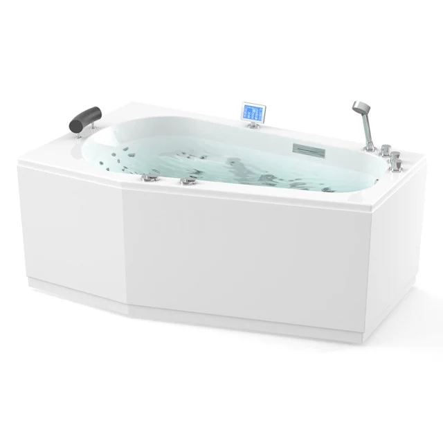 Eckbadewanne mit weißer Acryloberfläche, eingebauter Jacuzzi-Funktion und chromarmatur; luxuriöse Ergänzung für jedes stilvolle Badezimmer.