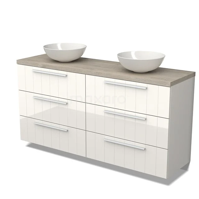 White bathroom unit with wood-look worktop, six drawers and double basin; sleek design for modern bathrooms.