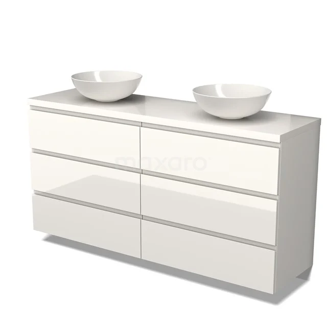 Badmöbel für Aufsatzwaschbecken 160cm Modulo Plato Hochglanz Weiß 3 Schubladen Grifflos BMK20-00058 Weißes Hochglanz-Badmöbel mit doppelten Aufsatzwaschbecken, modernem Design und klaren Linien, perfekt für ein stilvolles Badezimmer.