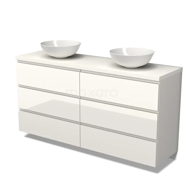 Badmöbel für Waschtischunterschrank mit Konsole 160cm Modulo Plato Hochglanz Weiß 3 Schubladen Grifflos Matt Weiß Platte BMK20-00059 Weißes Hochglanz-Badmöbel mit Doppelwaschbecken, sechs Schubladen und modernem Design.