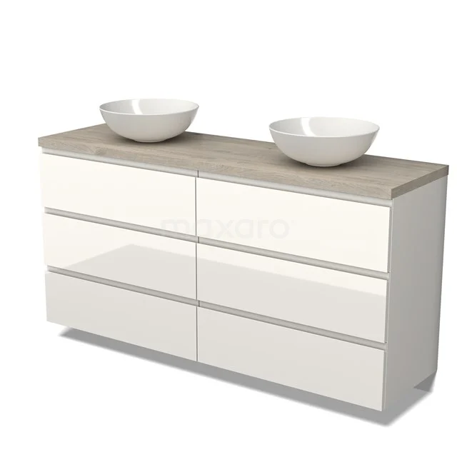 Doppelwaschbecken, Hochglanz Weiß mit Holz Platte, sechs Schubladen, ideal für moderne Badezimmer Stauraum.