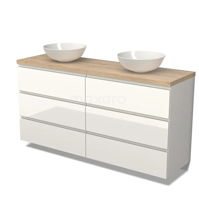 Weißes Badmöbel mit holzfarbener Platte, doppeltem Aufsatzwaschbecken, sechs Schubladen; stilvolles Design für ein modernes Badezimmer.