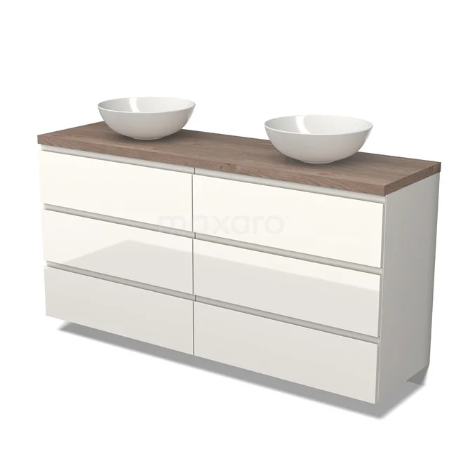 Badmöbel für Aufsatzwaschbecken 160cm Modulo Plato Hochglanz Weiß 3 Schubladen Grifflos mittelbraune Eiche Platte BMK20-00062 Weißer Badschrank mit Holzplatte, Doppelwaschbecken, modernem Stil, geräumigen Schubladen zur Aufbewahrung im Badezimmer.