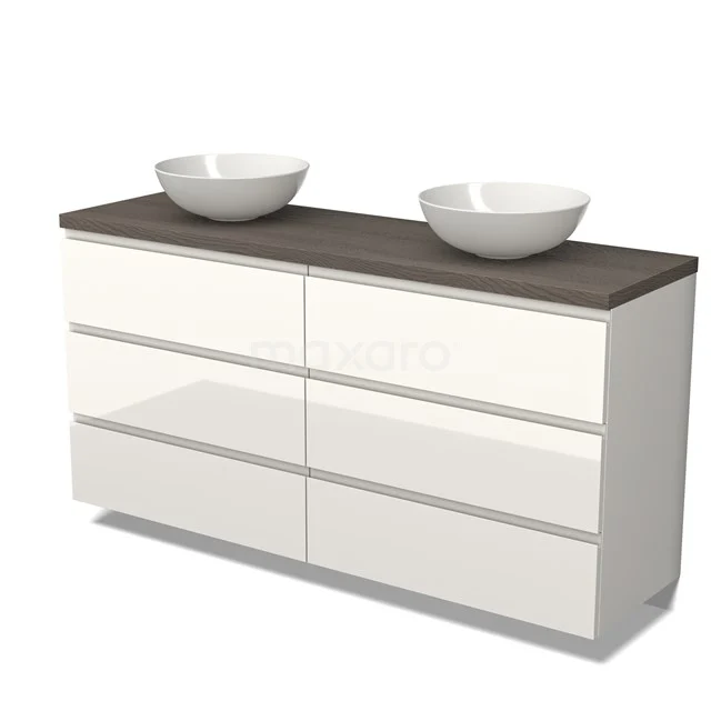 Weißes Hochglanz-Badmöbel mit dunkler Holzplatte und zwei Aufsatzwaschbecken, modernes Design.