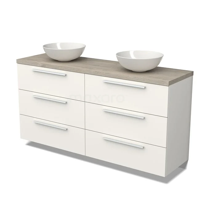 Weiße Badmöbelset mit Holzlook Platte, sechs Schubladen und zwei runden keramischen Aufsatzwaschbecken, modernes Design.