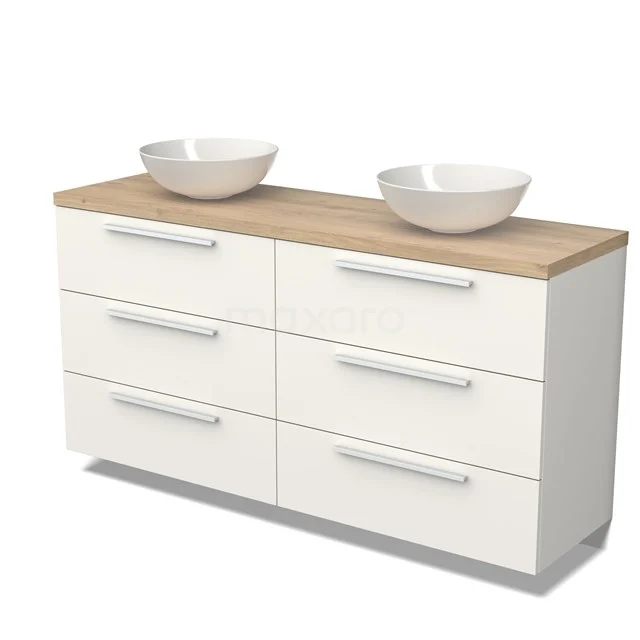 Moderne weiße Badschrank mit sechs Schubladen, Holzplatte und zwei keramischen Aufsatzwaschbecken, ideal für ein stilvolles Badezimmer.