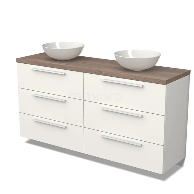 Modulo Plato Badmöbel mit Aufsatzwaschbecken | 160 cm Matt Weiß Flach front Mittelbraune Eiche blatt 6 Schubladen BMK20-00069 Moderne weiße Badmöbelset mit Holzlook Platte, doppelten Aufsatzwaschbecken und sechs Schubladen. Perfekt für stilvolle Badezimmerlagerung.