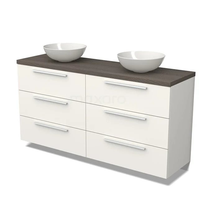 Weißes Badezimmermöbel mit sechs Schubladen, dunklem Holzplatte und zwei modernen Waschbecken, ideal für eine stilvolle Badezimmer Einrichtung.