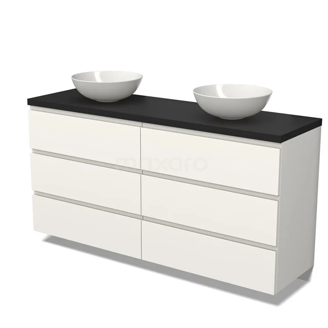 Weißes Badezimmermöbel mit doppelten Aufsatzwaschbecken, schwarzer Platte und sechs Schubladen, modernes Design, idealer Stauraum für das Badezimmer.