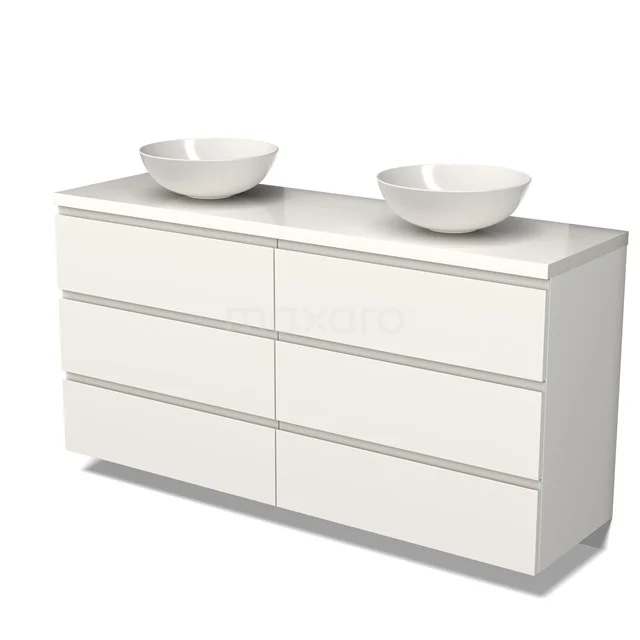 Weißes Hochglanz-Badmöbel mit Doppelwaschbecken, schickem Design und sechs Schubladen für stilvollen Stauraum im Badezimmer.