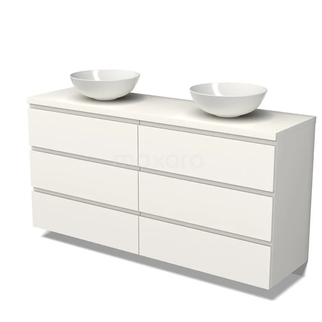 Weiße Doppelwaschbeckenmöbel mit klaren Linien, sechs Schubladen und keramischen Schalen, perfekt für moderne Badezimmergestaltung.