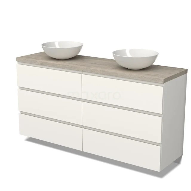 Doppelwaschbecken Möbel weiß mit Holzlook Platte, ausgestattet mit zwei keramischen Aufsatzwaschbecken, modern und perfekt für das Badezimmer.