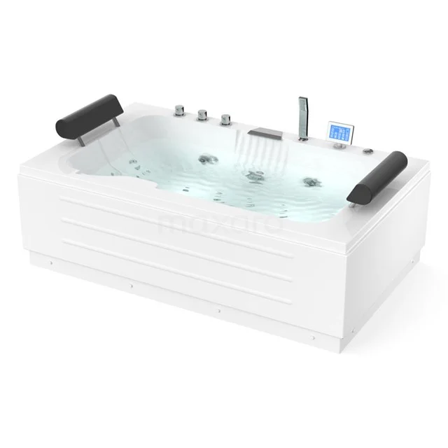 Whirlpool Bath Pacific Silver 2 Person 170x100cm Water massage W072-173CM White whirlpool bathtub with black headrests, integrated jets and LED lighting, ideal for luxurious bathroom relaxation.