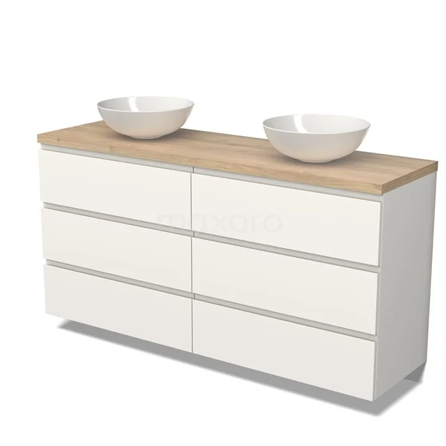 Weißes Holz-Badmöbel mit Eichen Platte und Doppelwaschbecken, modernes Design mit sechs Schubladen.