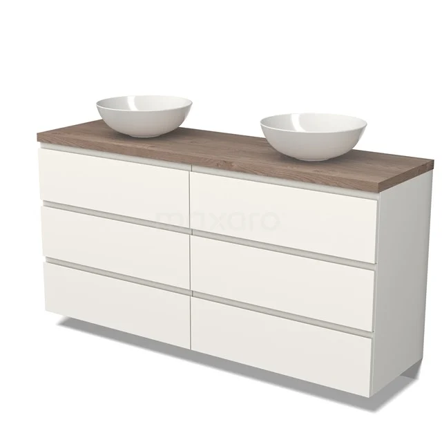 Modulo Plato Badmöbel mit Aufsatzwaschbecken | 160 cm Matt Weiß Grifflos front Mittelbraune Eiche blatt 6 Schubladen BMK20-00083 Weiße Badmöbel mit Holzplatte und doppelten runden Aufsatzwaschbecken, schlichtes Design, ideal für moderne Badezimmerinterieurs.