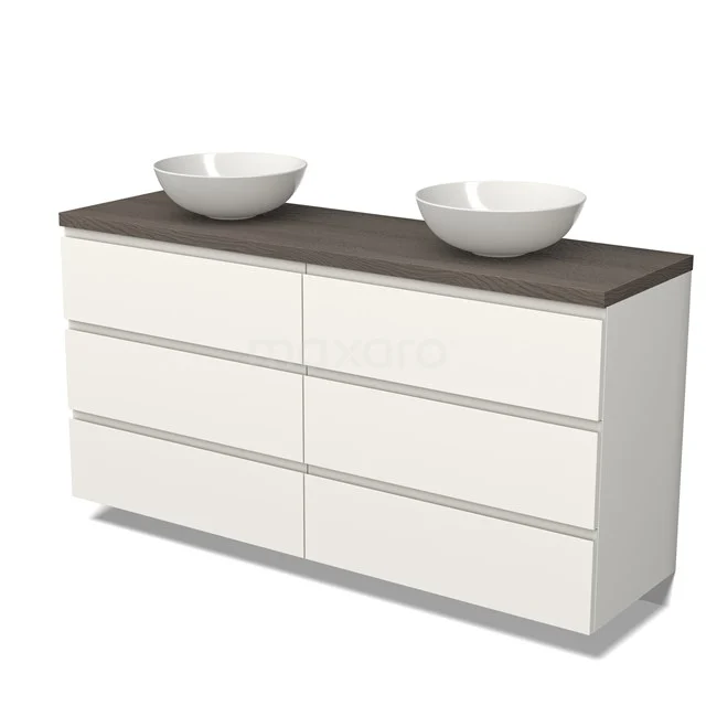 Weißes Badezimmermöbel mit Doppelwaschbecken, Holzplatte und schlichten Schubladen, perfekt für moderne Badezimmeraufstellungen.