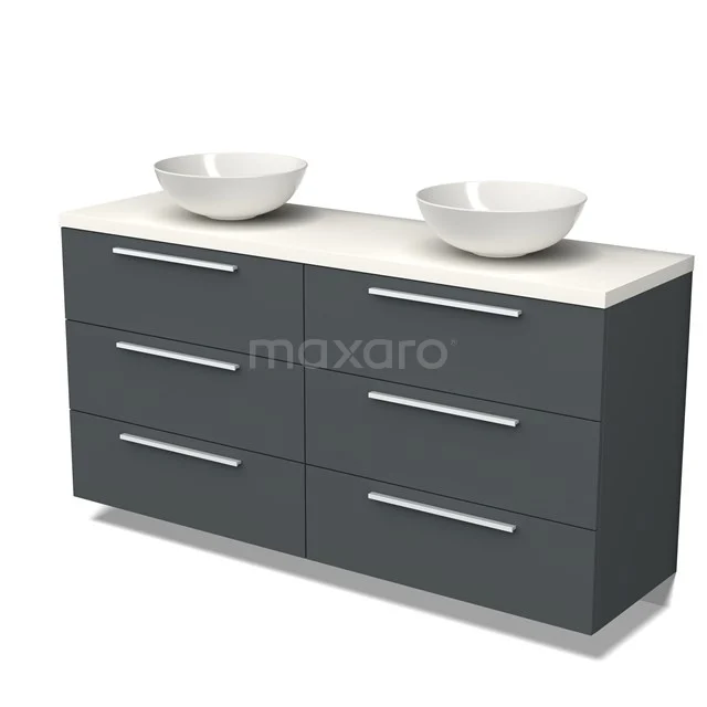 Badmöbel für Waschtischunterschrank mit Konsole 160cm Modulo Plato Dunkelgrau 3 Schubladen Flach Dunkelgrau Platte BMK20-00087 Grauer Badschrank mit Doppelwaschbecken, acht Schubladen und modernem Design; ideal für stilvolle Badezimmerlagerung.