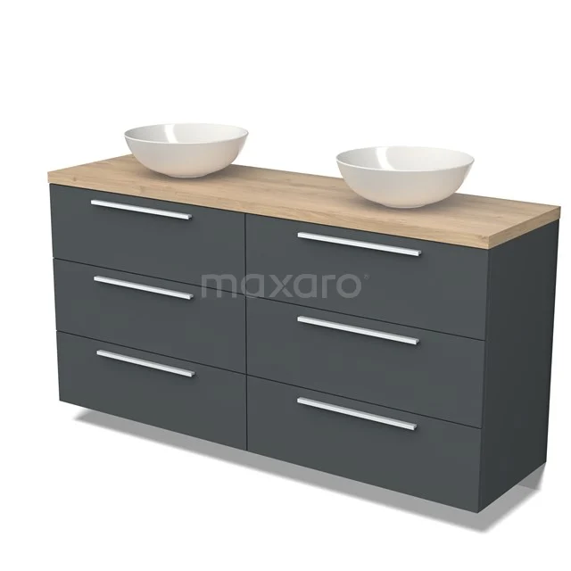 Badmöbel für Aufsatzwaschbecken 160cm Modulo Plato Dunkelgrau 3 Schubladen Flach hellbraune Eiche Platte BMK20-00089 Dunkelgraue Badmöbel mit sechs Schubladen, holzfarbener Platte und zwei weißen Waschbecken, modernes Design.