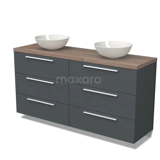 Dunkelgrauer Badschrank mit sechs Schubladen, Holzplatte und zwei weißen Aufsatzwaschbecken, modernes Design für ein stilvolles Badezimmer.