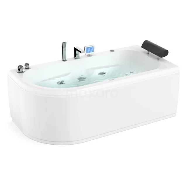 Weißes ovales Whirlwanne mit schwarzer Kopfstütze, digitaler Steuerung und Wasserdüsen, ideal für luxuriöse Badezimmerentspannung.