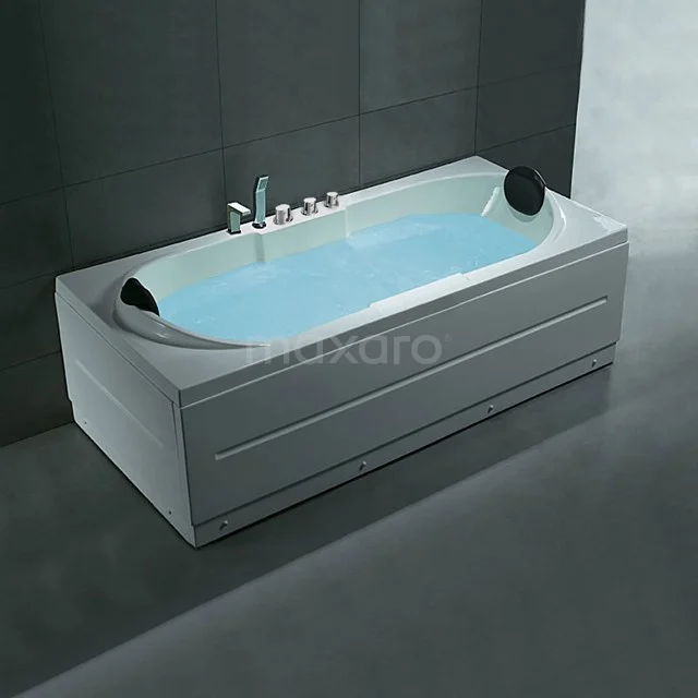 Nordic komplettes Bad | 2 Personen 220x90cm Thermostatarmatur W075-221AM Rechteckige weiße Badewanne mit Wasser, zwei schwarzen Kopfstützen, moderne Ausführung; perfekt für luxuriöse Badezimmerentspannung.
